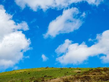Low angle view of green landscape against blue sky