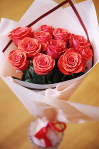 High angle view of rose bouquet on table