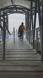 Rear view of women walking on staircase