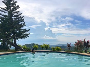 Swimming pool by trees against sky