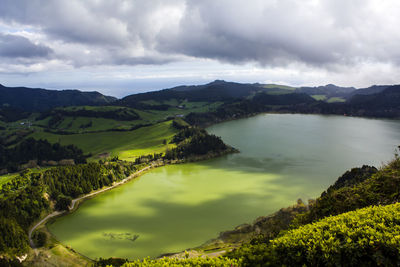 Scenic view of lake and mountains against sky