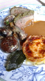 High angle view of meal served on table