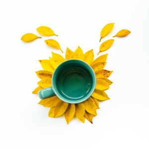 High angle view of yellow umbrella against white background