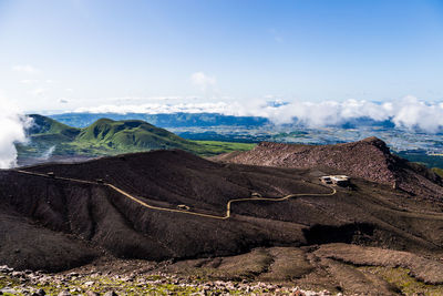 Panoramic view of volcanic landscape against sky
