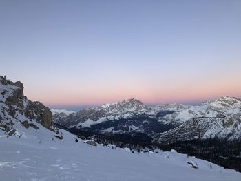 Scenic view of snowcapped mountains against clear sky