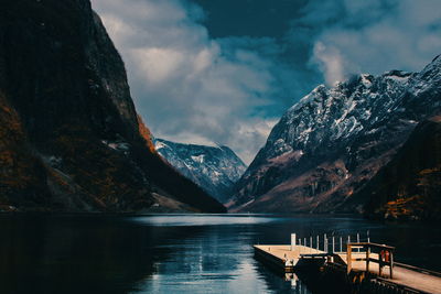 Scenic view of lake by mountains against sky