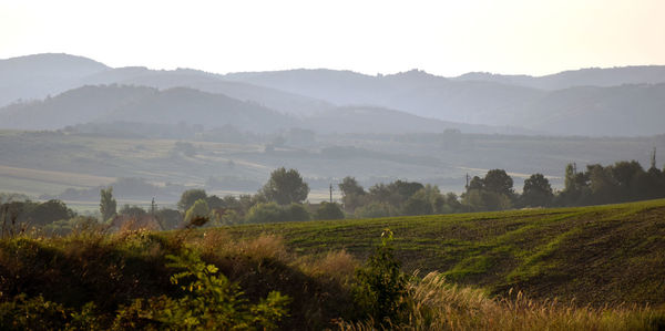 Scenic view of field against grassy mountains