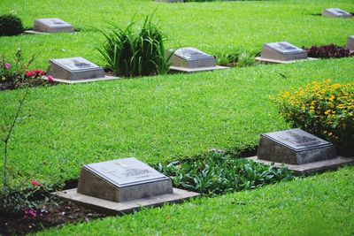 High angle view of cemetery on field