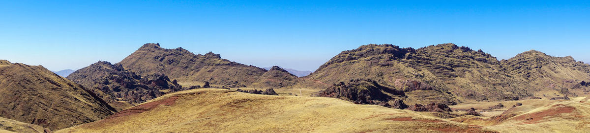 Panoramic view of mountains against clear blue sky