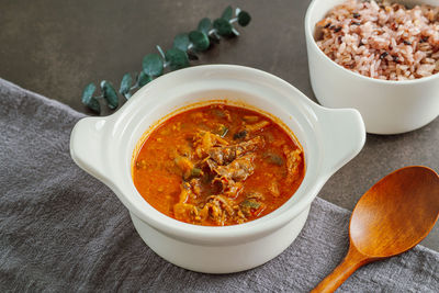 High angle view of soup in bowl on table