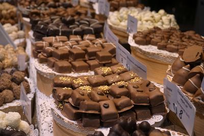 High angle view of chocolate cake for sale