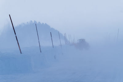 Scenic view of snow covered land against sky