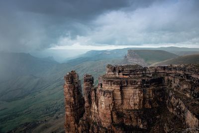 Scenic view of mountains against cloudy sky