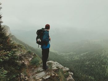 Rear view of man looking at mountains