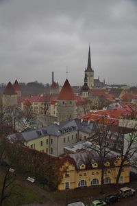 View of cityscape against cloudy sky