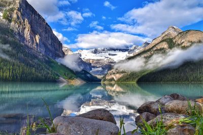 Scenic view of river against cloudy sky