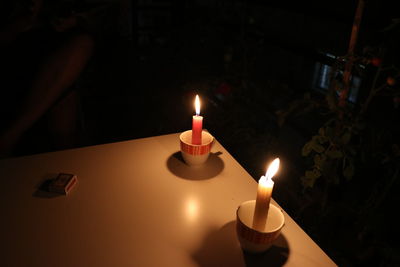 Close-up of lit candles on table