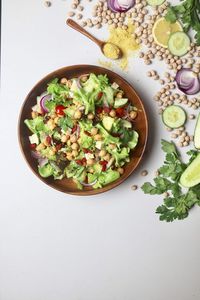 High angle view of salad in bowl on table