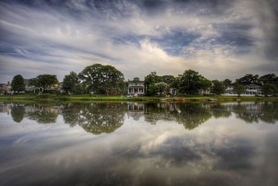 Scenic view of calm lake against cloudy sky