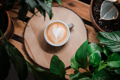 Coffee latte with heart foam art from top view on wood table with green plants around