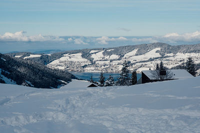 Scenic view of snowcapped mountains against sky