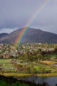 Scenic view of rainbow over mountain against sky