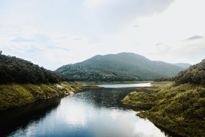 Scenic view of lake and mountains against sky