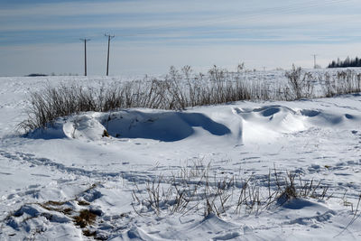 Snow covered landscape against sky