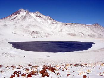 Scenic view of snowcapped mountains against clear blue sky