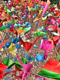 High angle view of multi colored umbrellas for sale