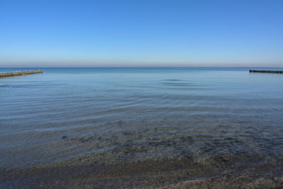 Scenic view of sea against clear blue sky