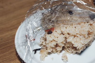 High angle view of breakfast served on table