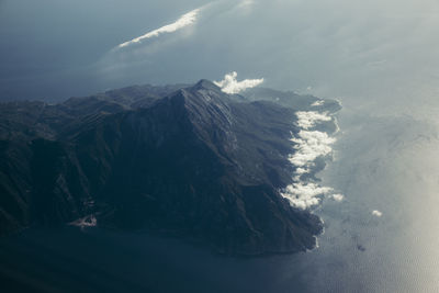 Aerial view of snowcapped mountains against sky