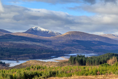 Scenic view of lake and mountains against sky