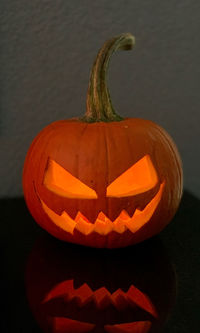 Close-up of illuminated pumpkin against black background