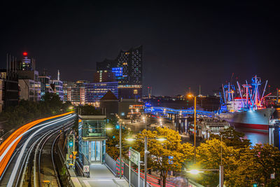 High angle view of illuminated city at night