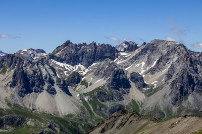 Scenic view of snowcapped mountains against clear sky