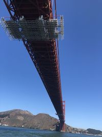 Low angle view of bridge against clear blue sky