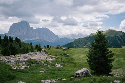 Scenic view of landscape and mountains against sky