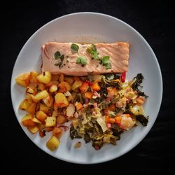 High angle view of food in plate on table