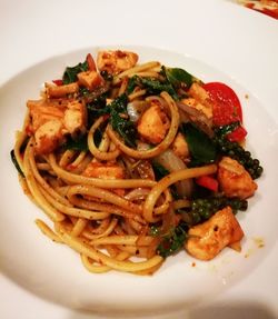 High angle view of noodles served in plate