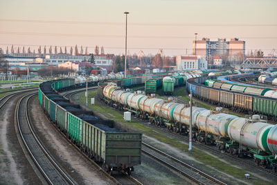 High angle view of train in city against sky