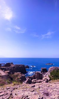 Scenic view of sea against blue sky