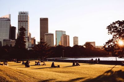 Skyscrapers in city against clear sky