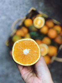 Close-up of hand holding orange slice