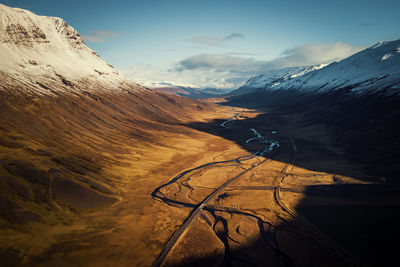 High angle view of snowcapped mountains against sky