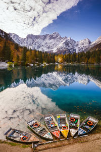 Scenic view of lake by mountains against sky