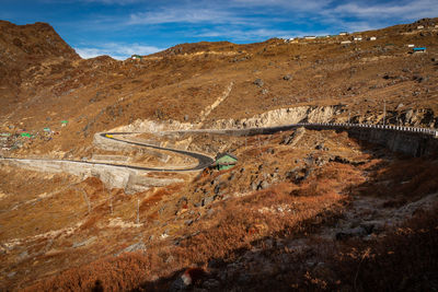 High angle view of winding road on mountain