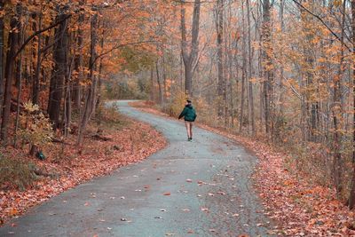 Rear view of man walking on road in forest during autumn