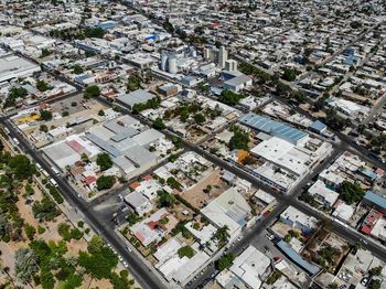 High angle view of buildings in town